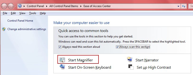 Windows magnifier - windows key + U