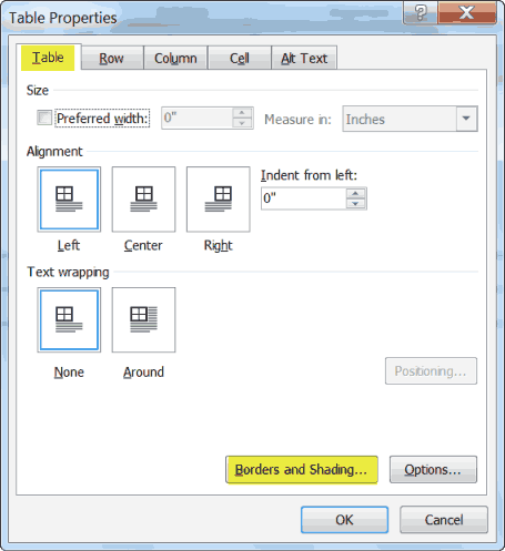 table properties dialog